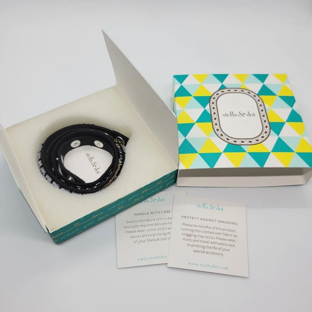Stella & Dot Emma Triple Wrap Bracelet New Gold Silver White Beads Black Band
